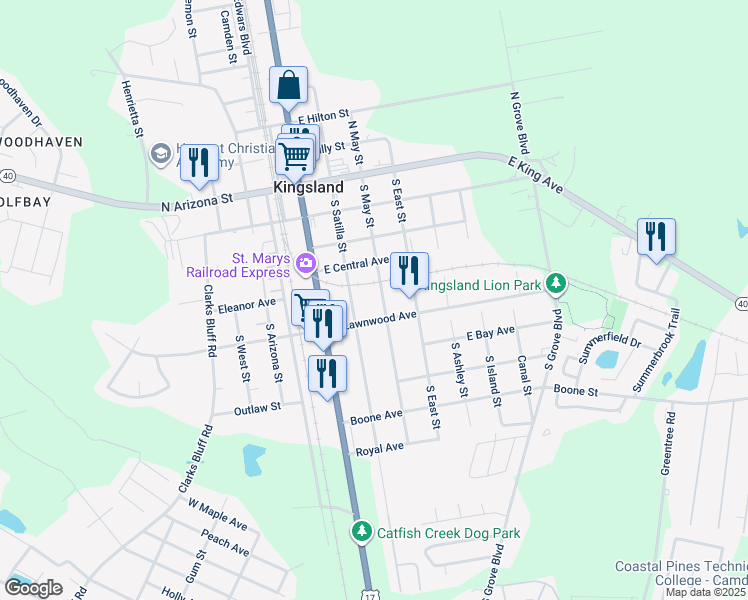 map of restaurants, bars, coffee shops, grocery stores, and more near 410 South May Street in Kingsland
