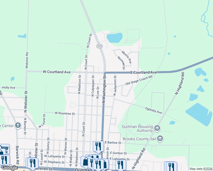 map of restaurants, bars, coffee shops, grocery stores, and more near 406 East Greenwood Avenue in Quitman