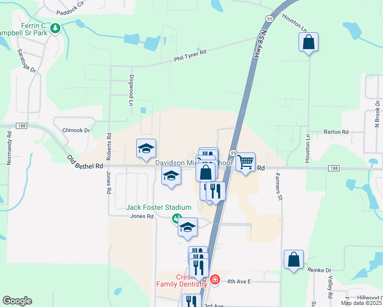 map of restaurants, bars, coffee shops, grocery stores, and more near 6268 Old Bethel Road in Crestview