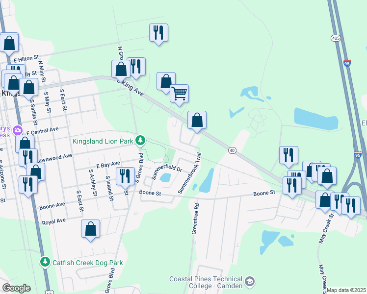 map of restaurants, bars, coffee shops, grocery stores, and more near 121 Seaparc Circle in Kingsland