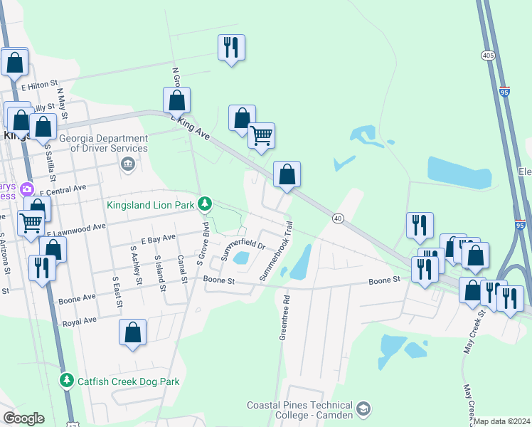 map of restaurants, bars, coffee shops, grocery stores, and more near 121 Seaparc Circle in Kingsland