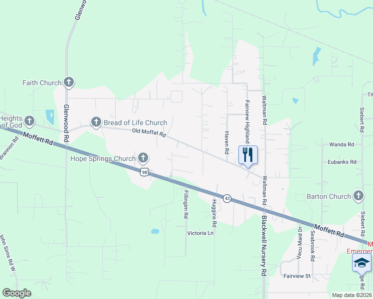 map of restaurants, bars, coffee shops, grocery stores, and more near 11212 Old Moffat Road in Wilmer