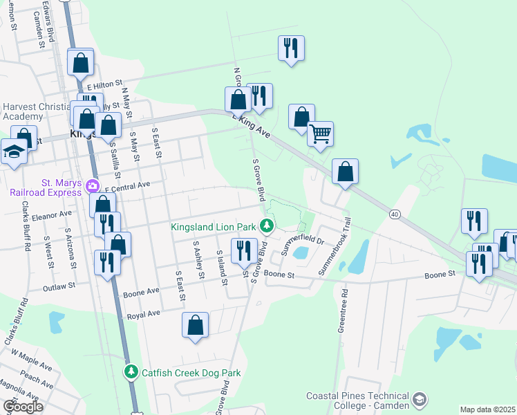 map of restaurants, bars, coffee shops, grocery stores, and more near 404 South Grove Boulevard in Kingsland