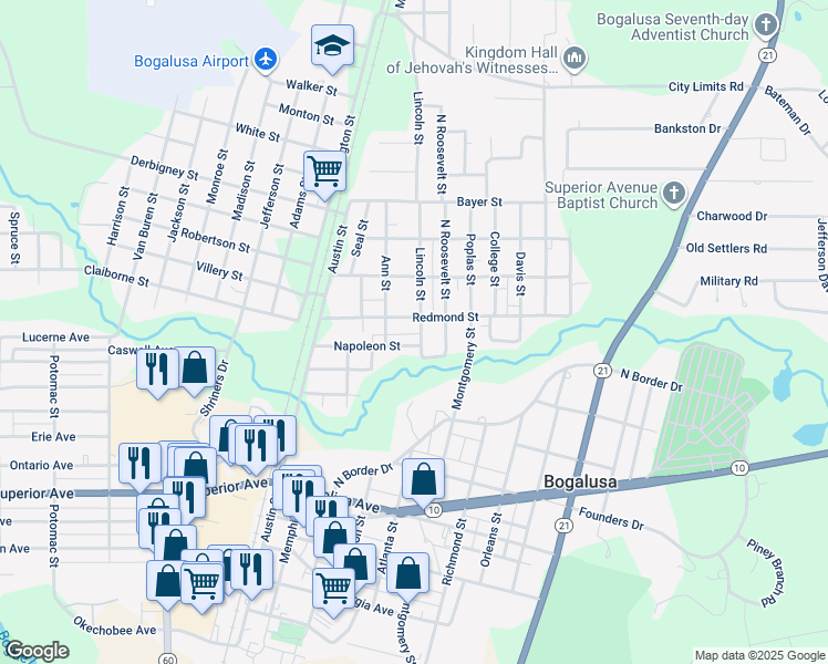 map of restaurants, bars, coffee shops, grocery stores, and more near 1000 Lincoln Street in Bogalusa