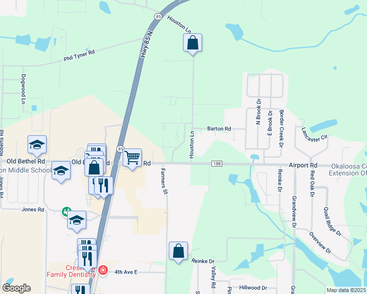 map of restaurants, bars, coffee shops, grocery stores, and more near 2816 Pear Orchard Blvd in Crestview