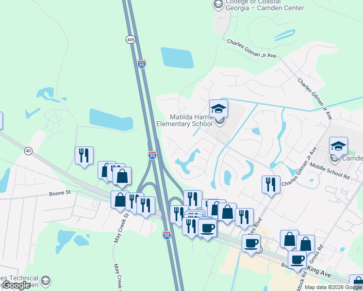 map of restaurants, bars, coffee shops, grocery stores, and more near 1201 The Lakes Boulevard in Kingsland