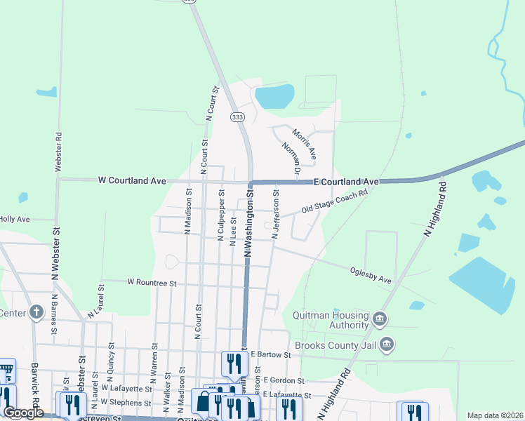 map of restaurants, bars, coffee shops, grocery stores, and more near 406 East Greenwood Avenue in Quitman