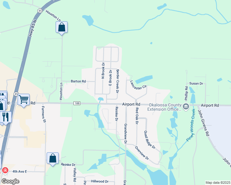 map of restaurants, bars, coffee shops, grocery stores, and more near 3077 Border Creek Drive in Crestview