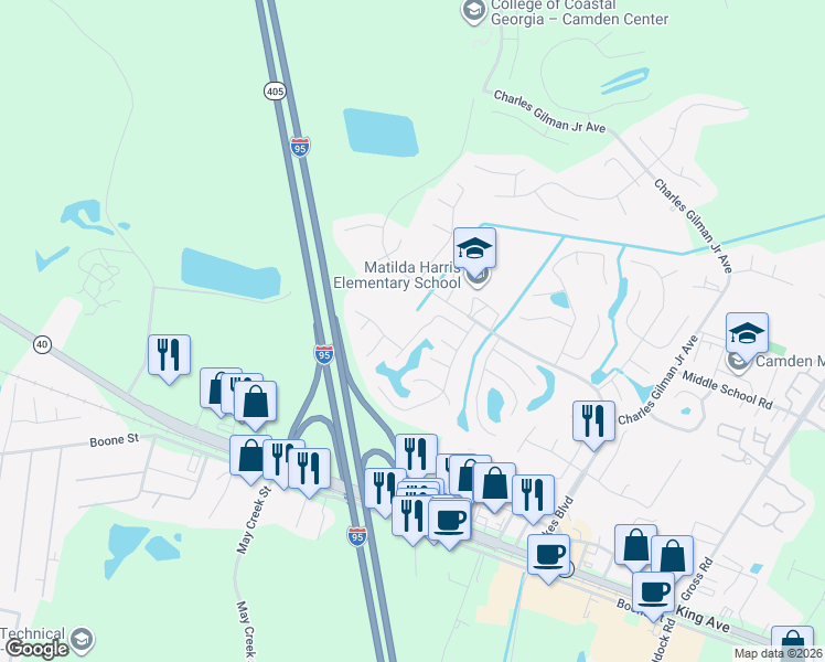 map of restaurants, bars, coffee shops, grocery stores, and more near 1201 The Lakes Boulevard in Kingsland