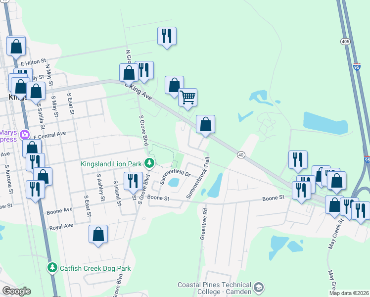 map of restaurants, bars, coffee shops, grocery stores, and more near 109 Sea Parc Street in Kingsland
