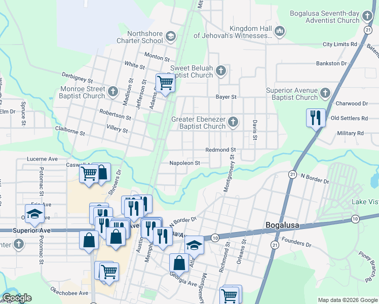 map of restaurants, bars, coffee shops, grocery stores, and more near 314 Redmond Street in Bogalusa