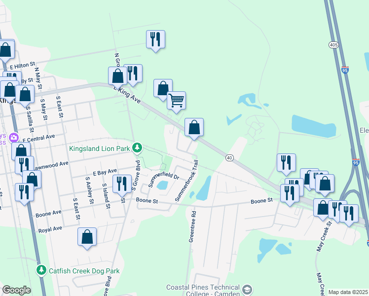 map of restaurants, bars, coffee shops, grocery stores, and more near 121 Seaparc Circle in Kingsland