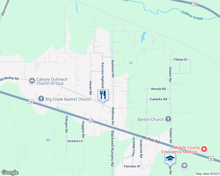 map of restaurants, bars, coffee shops, grocery stores, and more near 5041 Waltman Road in Wilmer