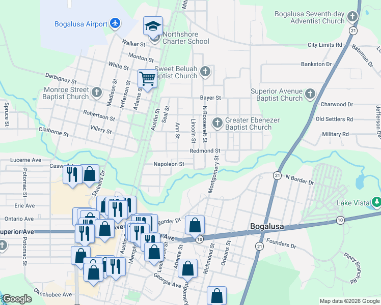 map of restaurants, bars, coffee shops, grocery stores, and more near 1000 Lincoln Street in Bogalusa
