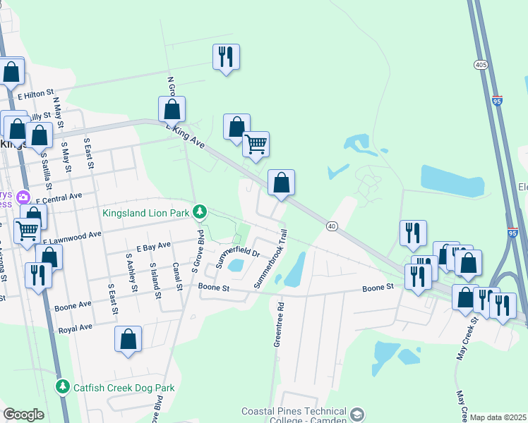 map of restaurants, bars, coffee shops, grocery stores, and more near 121 Seaparc Circle in Kingsland