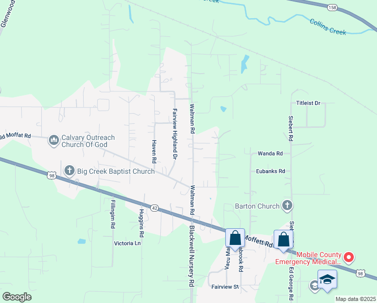 map of restaurants, bars, coffee shops, grocery stores, and more near 5041 Waltman Road in Wilmer