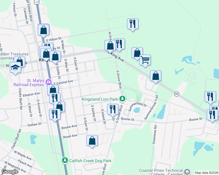 map of restaurants, bars, coffee shops, grocery stores, and more near 408 Lawnwood Court in Kingsland