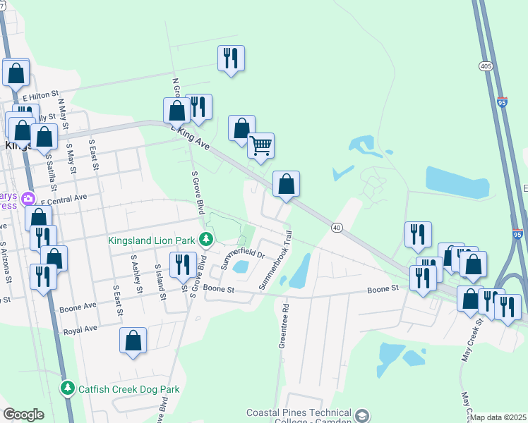 map of restaurants, bars, coffee shops, grocery stores, and more near 121 Seaparc Circle in Kingsland
