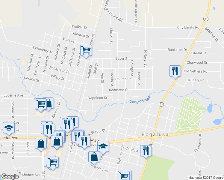 map of restaurants, bars, coffee shops, grocery stores, and more near 1000 Lincoln Street in Bogalusa