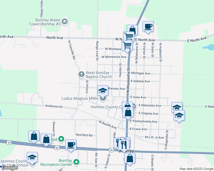 map of restaurants, bars, coffee shops, grocery stores, and more near 309 West Kansas Avenue in Bonifay