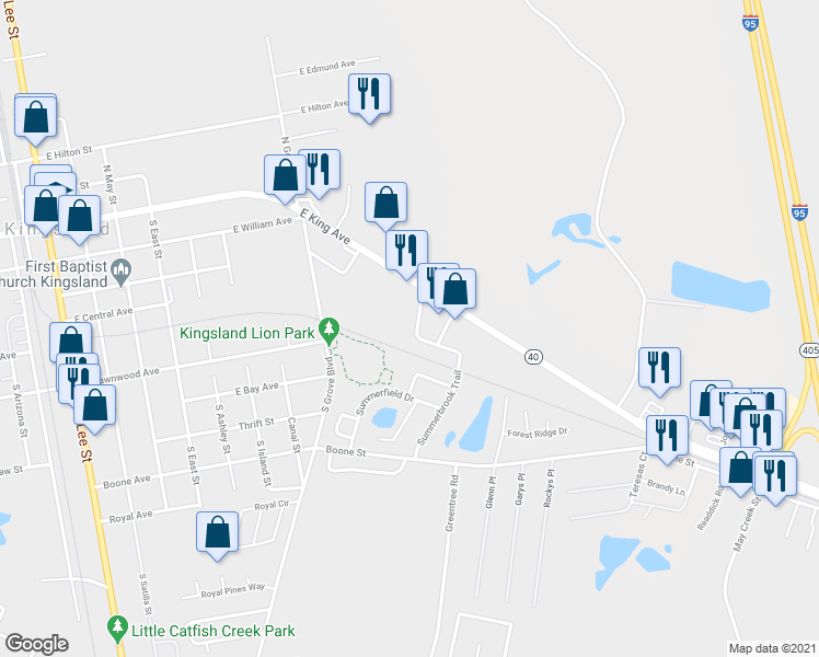 map of restaurants, bars, coffee shops, grocery stores, and more near 109 Seaparc Court in Kingsland