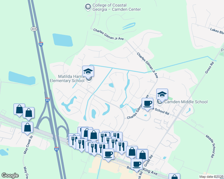 map of restaurants, bars, coffee shops, grocery stores, and more near 103 Boxwood Court in Kingsland