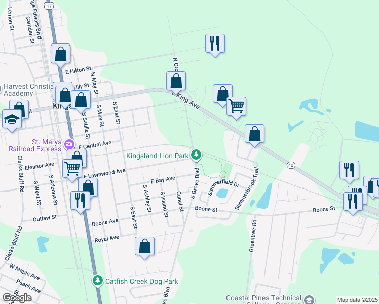 map of restaurants, bars, coffee shops, grocery stores, and more near 404 South Grove Boulevard in Kingsland