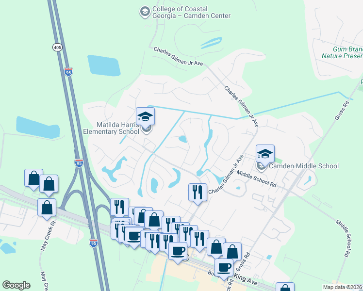 map of restaurants, bars, coffee shops, grocery stores, and more near 103 Boxwood Court in Kingsland