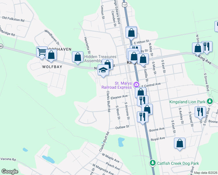 map of restaurants, bars, coffee shops, grocery stores, and more near 216 Clarks Bluff Road in Kingsland