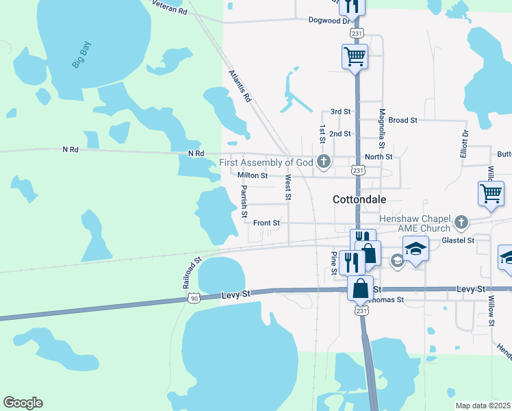 map of restaurants, bars, coffee shops, grocery stores, and more near 2577 Mc Kinnon Street in Cottondale