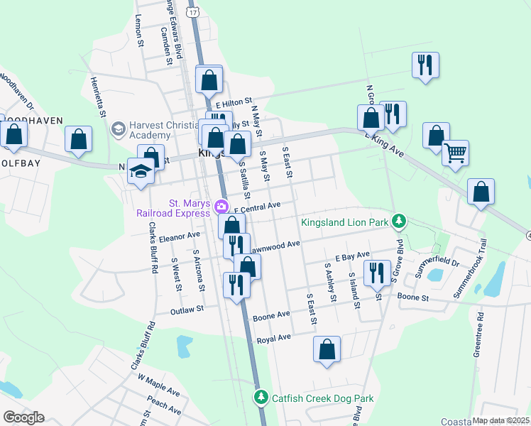 map of restaurants, bars, coffee shops, grocery stores, and more near 410 South May Street in Kingsland