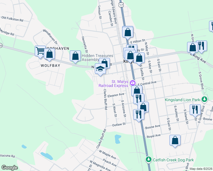 map of restaurants, bars, coffee shops, grocery stores, and more near 216 Clarks Bluff Road in Kingsland