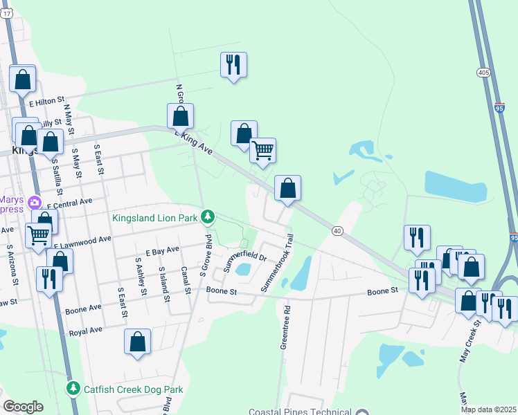 map of restaurants, bars, coffee shops, grocery stores, and more near 109 Sea Parc Street in Kingsland