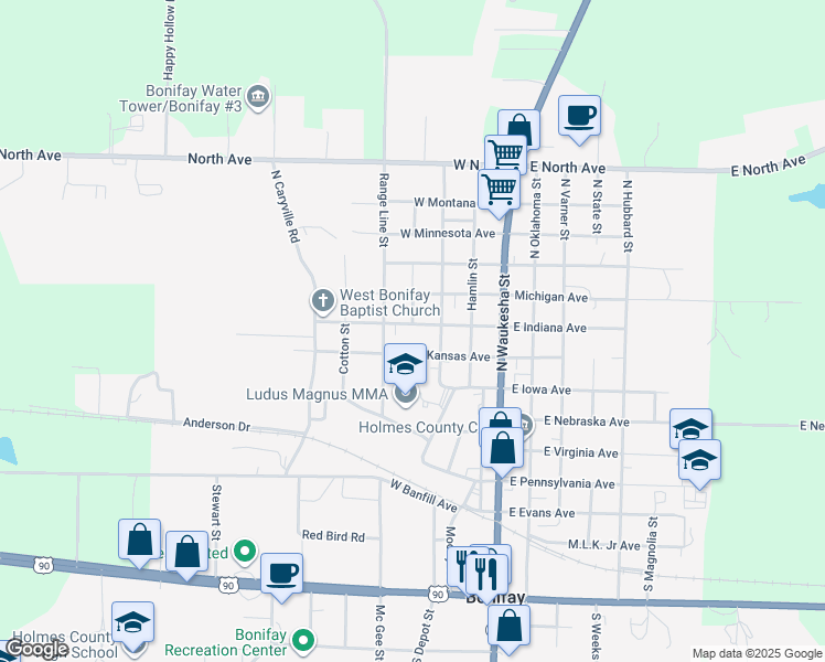 map of restaurants, bars, coffee shops, grocery stores, and more near 309 West Kansas Avenue in Bonifay