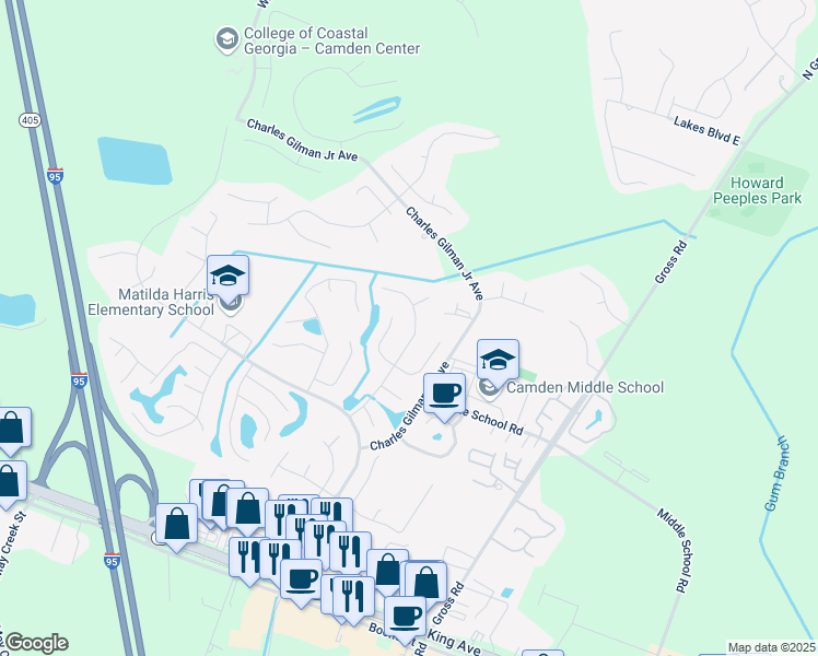 map of restaurants, bars, coffee shops, grocery stores, and more near 128 Lakeside Drive in Kingsland