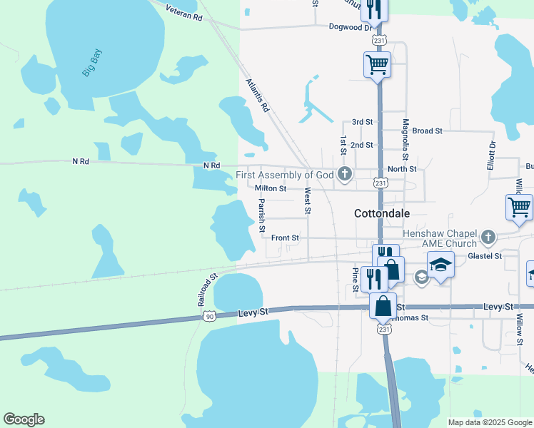 map of restaurants, bars, coffee shops, grocery stores, and more near 2577 Mc Kinnon Street in Cottondale