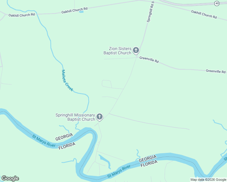 map of restaurants, bars, coffee shops, grocery stores, and more near 80 Springhill Circle in Kingsland