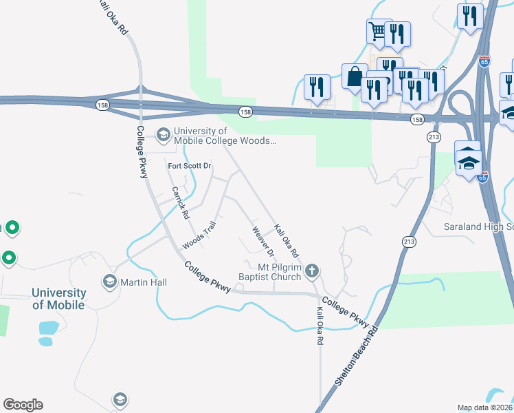 map of restaurants, bars, coffee shops, grocery stores, and more near 2069 Kali Oka Rd in Prichard
