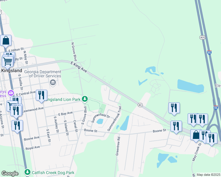 map of restaurants, bars, coffee shops, grocery stores, and more near 109 Sea Parc Street in Kingsland