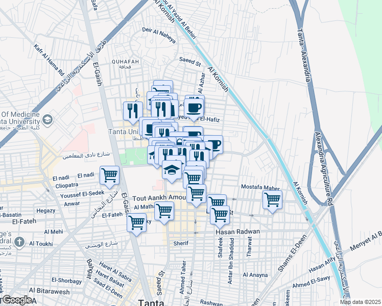 map of restaurants, bars, coffee shops, grocery stores, and more near in Second Tanta