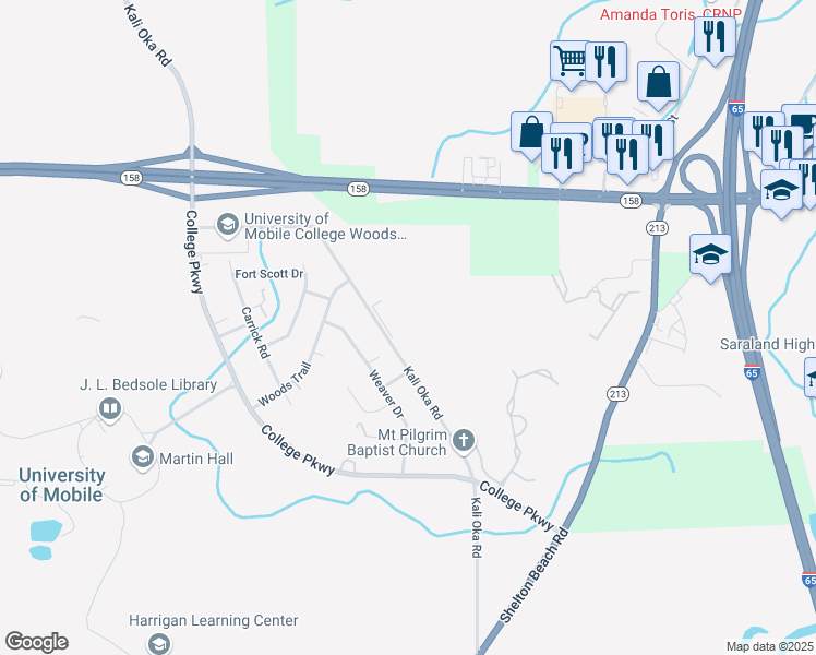 map of restaurants, bars, coffee shops, grocery stores, and more near Kali Oka Road in Saraland