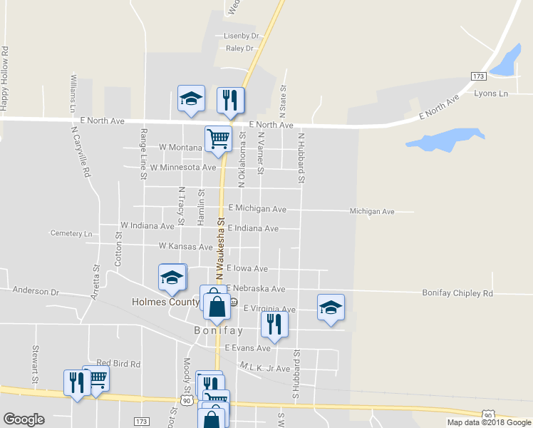 map of restaurants, bars, coffee shops, grocery stores, and more near 610 North Varner Street in Bonifay