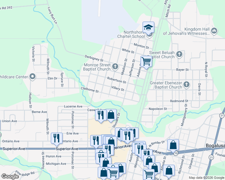 map of restaurants, bars, coffee shops, grocery stores, and more near 1116 Monroe Street in Bogalusa