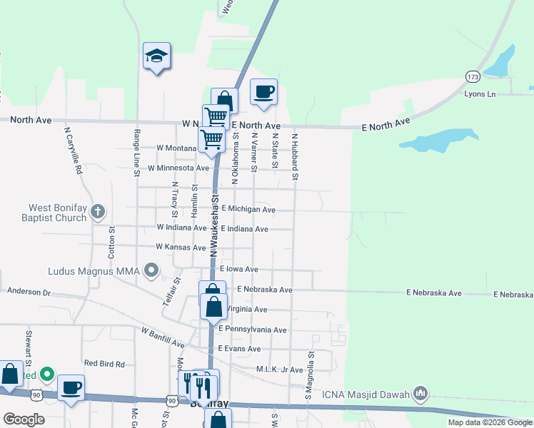 map of restaurants, bars, coffee shops, grocery stores, and more near 610 North Varner Street in Bonifay