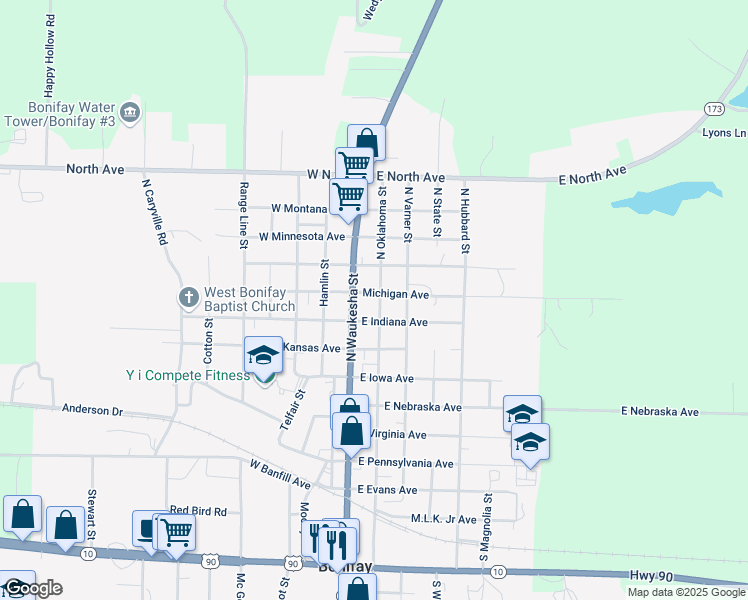 map of restaurants, bars, coffee shops, grocery stores, and more near 112 East Michigan Avenue in Bonifay
