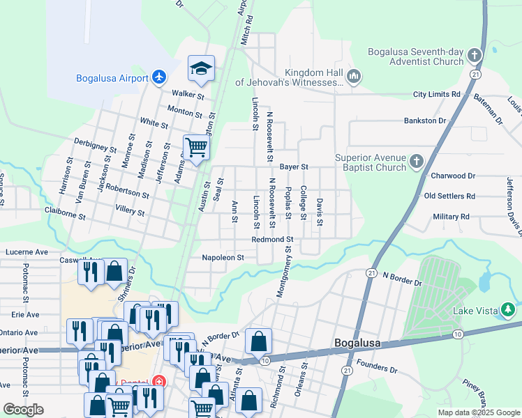 map of restaurants, bars, coffee shops, grocery stores, and more near 501 Church Street in Bogalusa