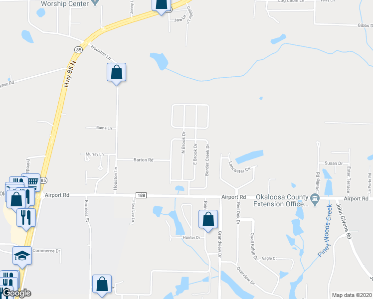 map of restaurants, bars, coffee shops, grocery stores, and more near 5636 North Brook Drive in Crestview