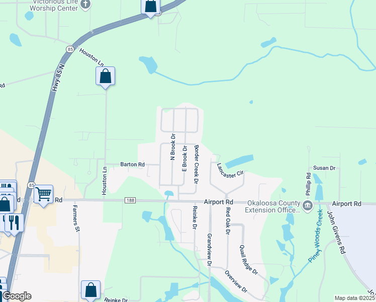 map of restaurants, bars, coffee shops, grocery stores, and more near 5442 East Brook Drive in Crestview