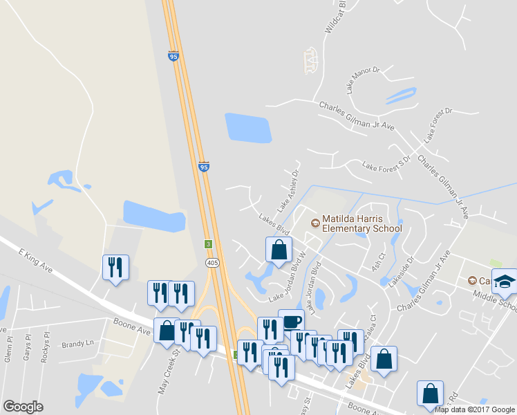 map of restaurants, bars, coffee shops, grocery stores, and more near 100 Bluebell Drive in Kingsland