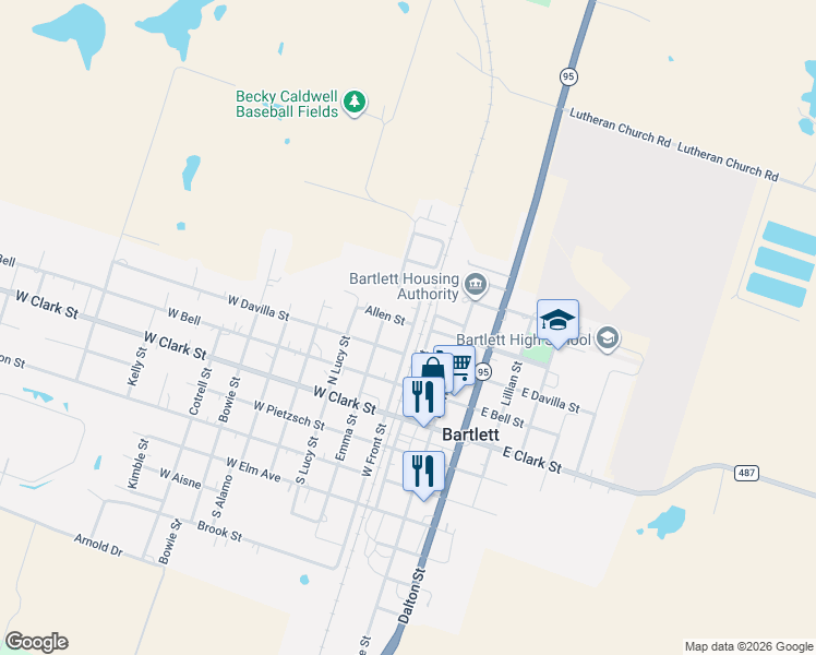 map of restaurants, bars, coffee shops, grocery stores, and more near 311 NorthWest Front Street in Bartlett